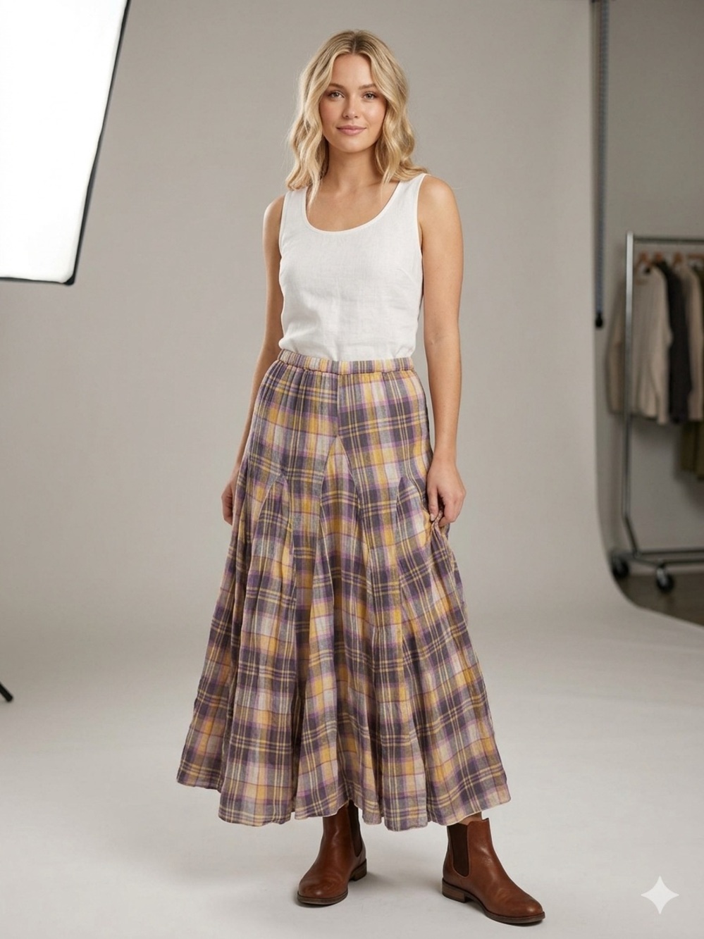 CP SHADES 100% Linen Plaid Maxi Skirt – Size XS